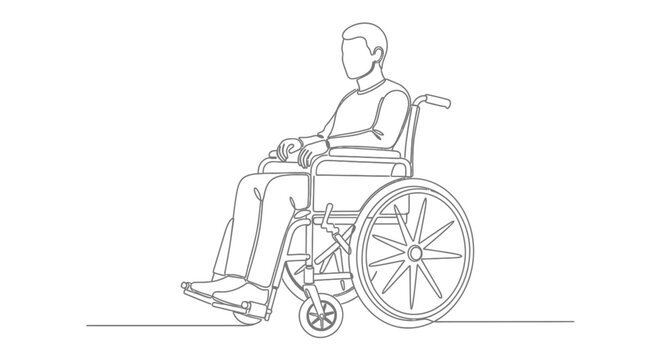 Continuous line drawing of a person sitting in a wheelchair with wheelchair