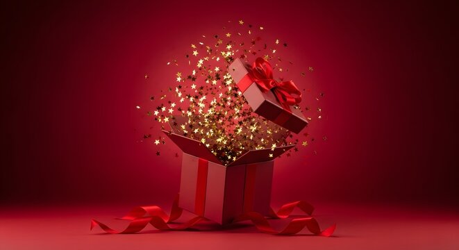 Red gift box with gold confetti, exploding surprise present, holiday gala