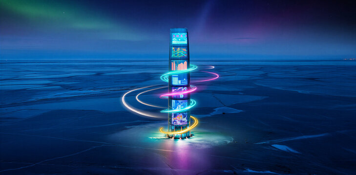 Futuristic server tower glowing with light trails on dark landscape technology futuristic abstract computing connection information electronic innovation infrastructure communication