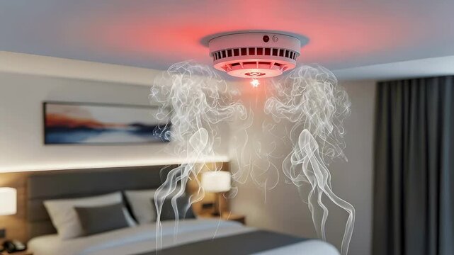 White smoke detector on ceiling with red light flashes reacting to rising smoke in a modern hotel bedroom.