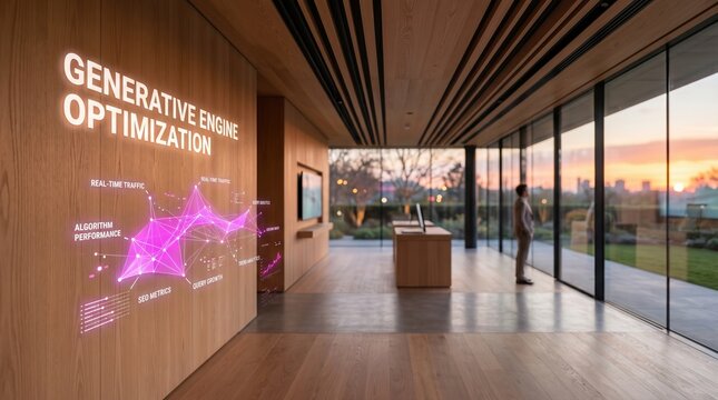 Modern Interior with Interactive Generative Engine Optimization Display and Large Window Overlooking a Sunset Landscape