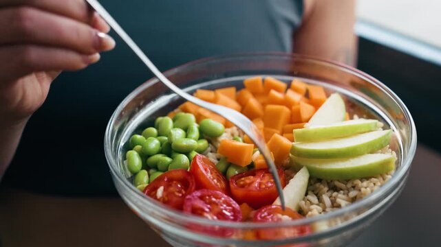 Video of close up of woman eating a healthy poke bowl in the kitchen at home