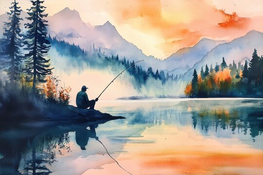 Serene watercolor art depicting a lone angler casting a line into a reflective mountain lake surrounded by pine forests at dusk