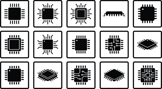 Computer chip icon set, 15 black microchip vector symbols, electronic processor and semiconductor circuit board components for technology design