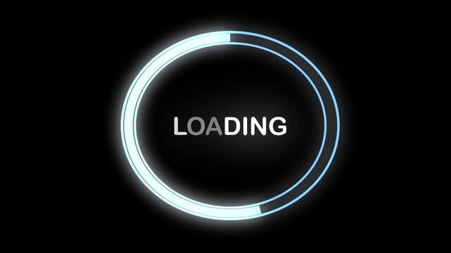 Digital loading progress bar animation with glowing neon light circle element rotating on black background for user interface design and software installation process graphical representation element 