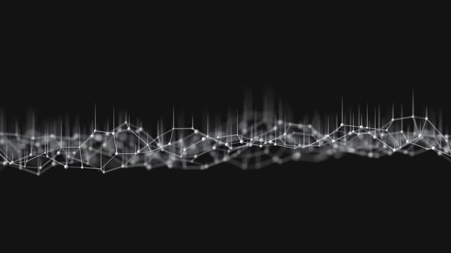 Animated wireframe mesh with glowing white nodes, geometric polygonal edges, and vertical signal spikes undulates across a black field. Monochromatic 3D render suits biotech, neural network