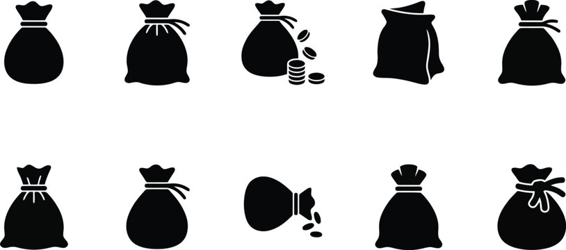 Black money bag icons set, 10 sack vector silhouettes with gold coins, financial wealth and banking symbols for business infographics