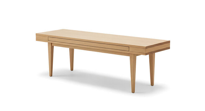 Light-colored wooden dining table with four legs on white background, furniture