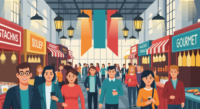 Diverse crowd of people walking and shopping at an indoor market.