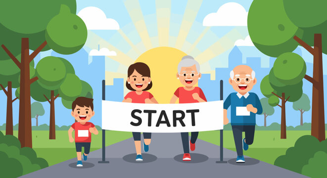 Diverse family running across start line in a race.
