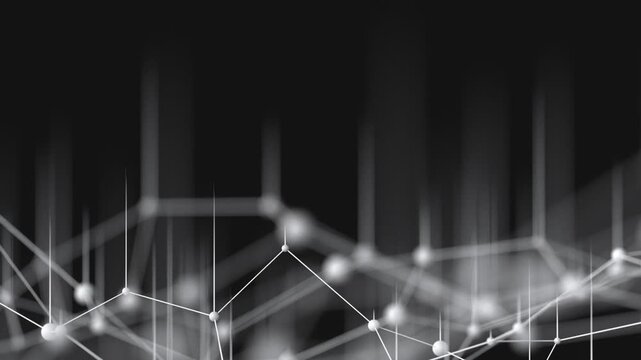 Abstract hexagonal background with honeycomb patterns features glowing nodes and connecting lines forming a geometric mesh. Vertical light beams rise from intersections. Monochromatic tones with depth