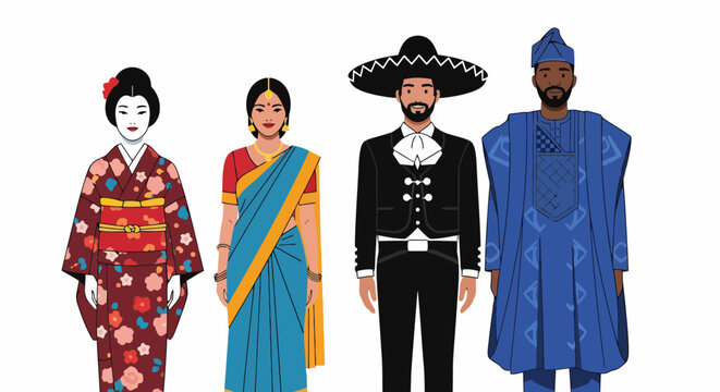 Diverse group of people in traditional attire representing various cultures.
