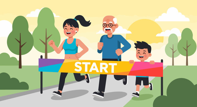 Family Running Race Start Line Celebration.