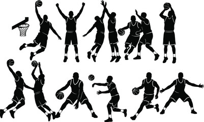 Dynamic Silhouette Collection of Basketball Players in Action Poses Showing Dribbling, Shooting, Dunking, Passing, and Defensive Movements on Court © Amatullah Nasrin
