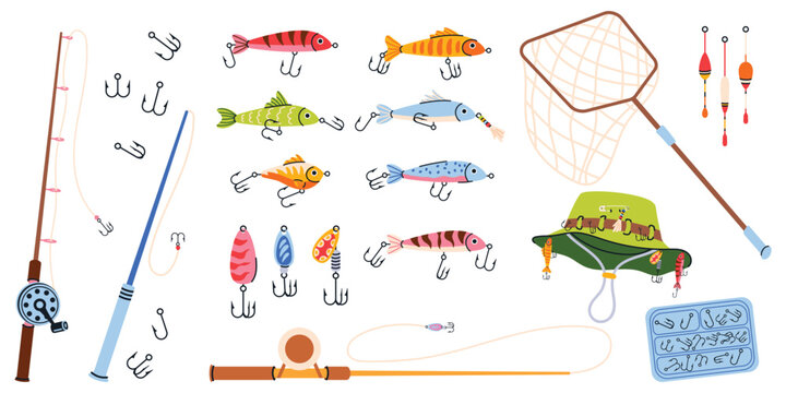 Fishing equipment vector set with rods, reels, lures, hooks and landing net. Cartoon collection of tackle accessories for sport fishing and outdoor adventures. Flat hand drawn illustrations isolated