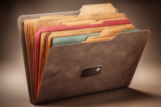 Brown leather file folder with colorful documents organized inside