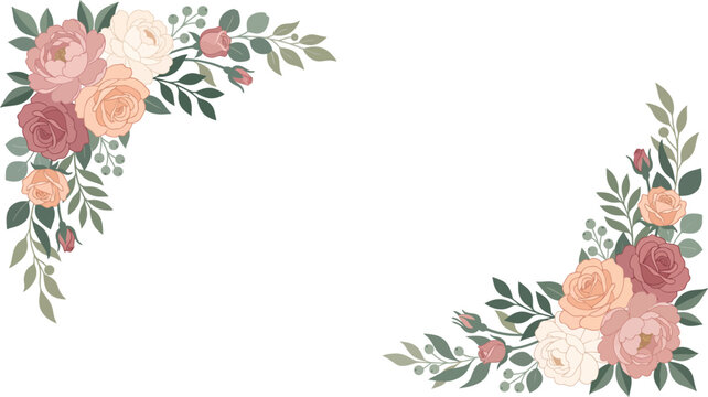 Corner floral arrangement with peonies and roses hand drawn white background arrangement botanical illustration decoration elements composition ornamental isolated invitation