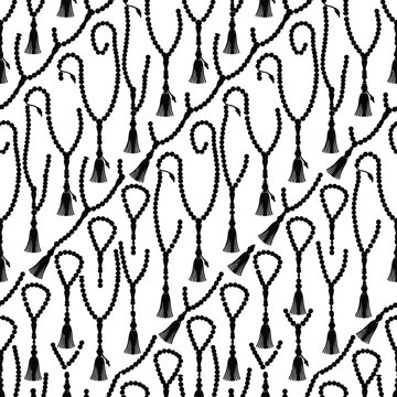 Repeating islamic tasbih beads silhouette pattern on transparent background art.