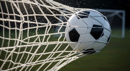 Naklejka premium Soccer ball hitting the goal net during a match