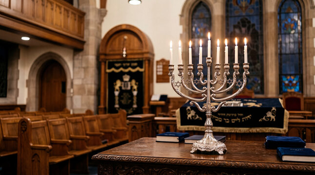 Lit silver menorah stands on table inside synagogue, burning candles, empty pews, torah ark and stained glass windows in background