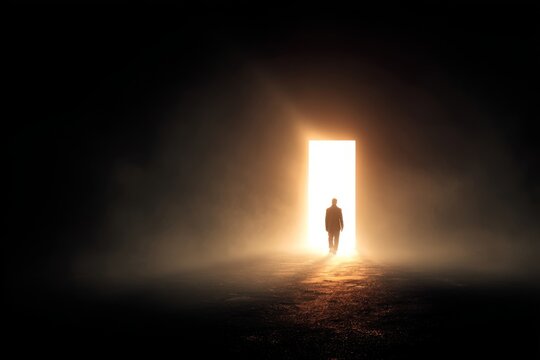 A person walks toward a glowing doorway in a dark smoky space.