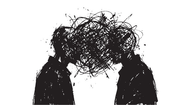 Two people face each other with tangled messy scribbles forming their heads to illustrate complex interpersonal communication.