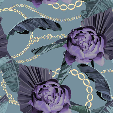 Abstract jungle summer background. Seamless  tropical pattern with palm tree, peonies. Vector illustration. Vintage style. Retro fashion print