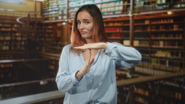 Young redhead woman wearing light blue shirt makes time out gesture with hands amid rows of books in library; hesitation disappointment.