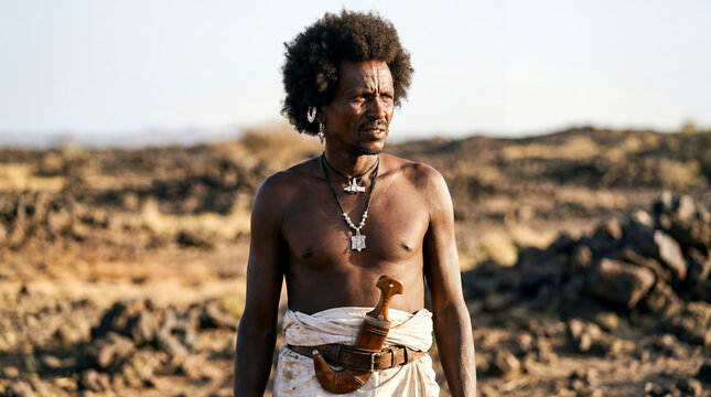 Ethiopian Afar tribesman tribal warrior East African portrait traditional culture indigenous decorated hair proud nomadic identity heritage ancestral Horn Africa authentic fierce pastoral adult male