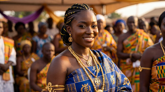 Ghanaian woman West African cornrow hairstyle portrait cultural beauty dark skin identity heritage traditional braiding vibrant authentic celebration smile confident proud female adult ethnic