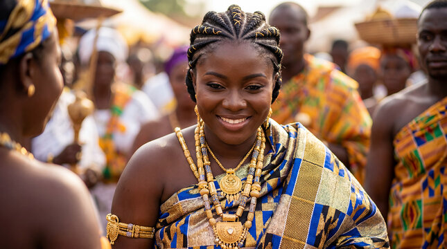 Ghanaian woman West African cornrow hairstyle portrait cultural beauty dark skin identity heritage traditional braiding vibrant authentic celebration smile confident proud female adult ethnic