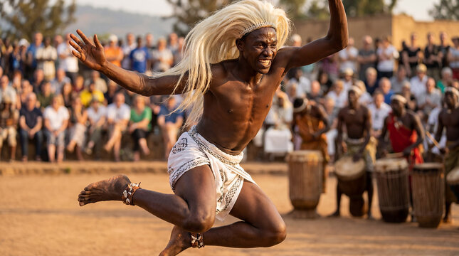 Rwandan Tutsi traditional dancer male portrait cultural performance East African warrior dance heritage tribal costume authentic colorful pride identity ancestral celebration athletic vibrant ethnic