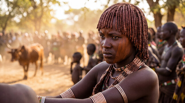Ethiopian Hamar tribal woman Omo Valley East African portrait traditional body decoration ochre butter braided hair authentic heritage fierce identity ancestral beauty ethnic young adult indigenous