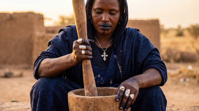 Tuareg Mali woman traditional desert nomadic North African portrait indigo veil tribal culture authentic heritage indigenous identity ancestral Saharan proud dignified colorful ethnic adult female