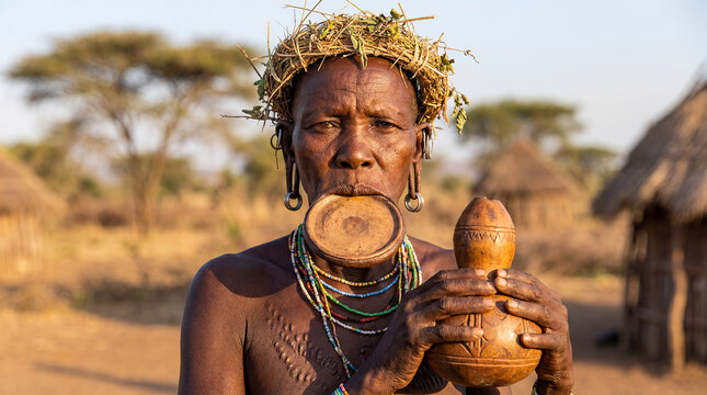 Mursi Ethiopian elder woman lip plate Omo Valley tribal portrait East African indigenous traditional culture identity decoration ancestral ritual scarification authentic fierce heritage beauty ethnic