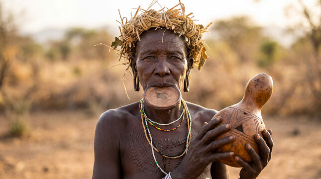 Mursi Ethiopian elder woman lip plate Omo Valley tribal portrait East African indigenous traditional culture identity decoration ancestral ritual scarification authentic fierce heritage beauty ethnic