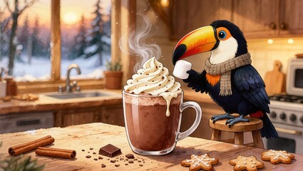 Fototapeta premium Cute toucan bird in a scarf putting marshmallow into hot chocolate with whipped cream in a cozy kitchen, digital art