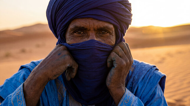 Tuareg Berber man Mali traditional North African nomadic desert warrior portrait indigo tagelmust headwrap ancestral heritage authentic Saharan identity proud cultural ethnic adult male mature nomad