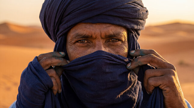 Tuareg Berber man Mali traditional North African nomadic desert warrior portrait indigo tagelmust headwrap ancestral heritage authentic Saharan identity proud cultural ethnic adult male mature nomad
