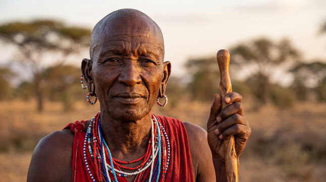Kenyan Maasai elder warrior man traditional tribal East African portrait red shuka spear beaded jewelry cultural heritage indigenous dignity ancestral identity wisdom proud ethnic mature aged
