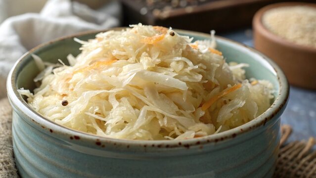 Photorealistic close-up sauerkraut in rustic ceramic crock shredded cabbage brine caraway seeds subtle reflections soft daylight
