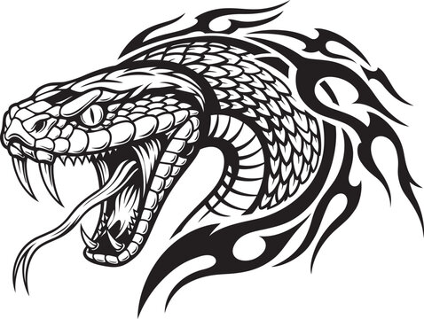 Snake head with tribal flames vector art black and white aggressive venomous
