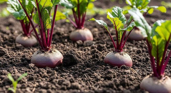 Fresh red beetroots growing in organic soil in the garden