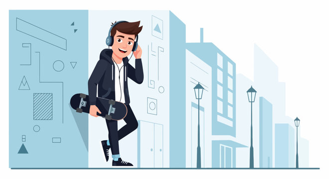 Young man with headphones and skateboard enjoying urban leisure.