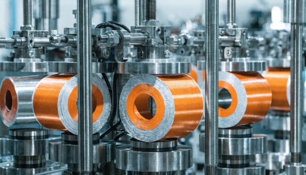 Medium shot of automated mandrels precisely winding foil and paper layers for snapin electrolytic capacitors in a hightech manufacturing environment. Closeup of radial electrolytic