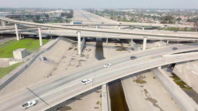 Highway 105 and 710 Interchange LA River Los Angeles Drone Aerial Footage