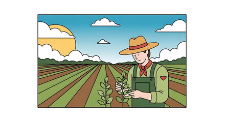 Naklejka premium Farmer inspecting crops in a field at sunset
