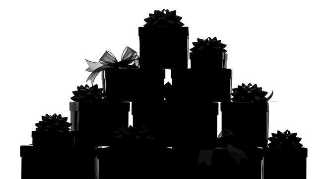 Silhouette of multiple black gift boxes with bows stacked high on white background for luxury or celebration concept