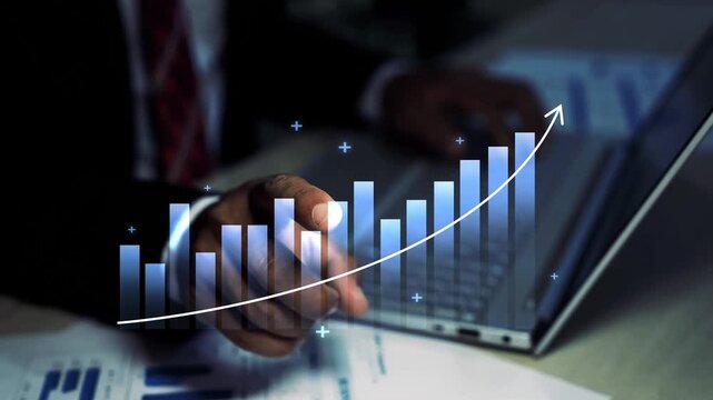 Holographic stock market graph bar chart on screen, Businessman hand click hologram graph bar arrow with particles 