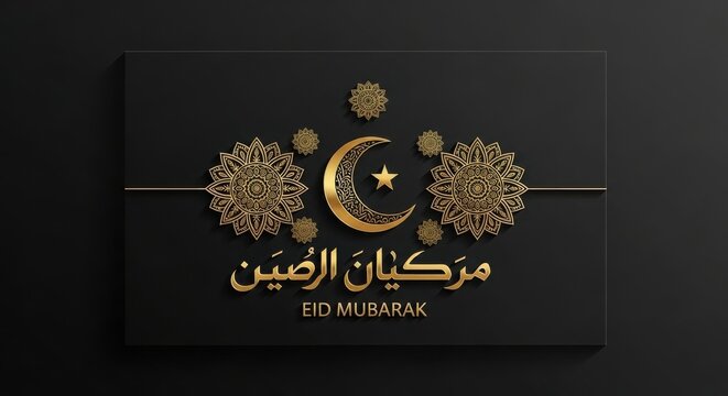 Eid mubarak greeting with crescent moon floral ornaments and arabic calligraphy on a dark background